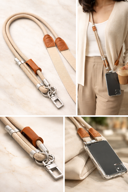 Crossbody phone lanyard with stainless steel connector (Beige)