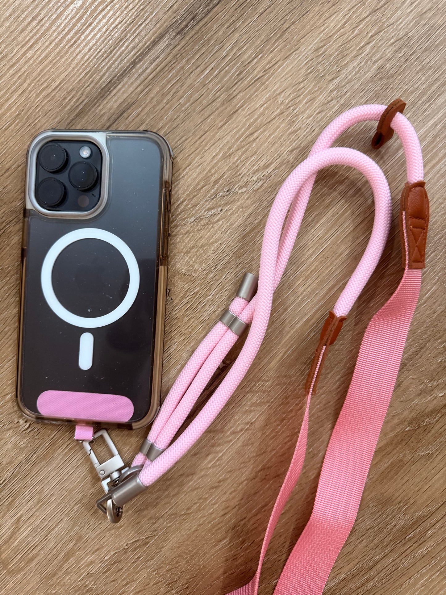 Crossbody phone lanyard with stainless steel connector (Pink)