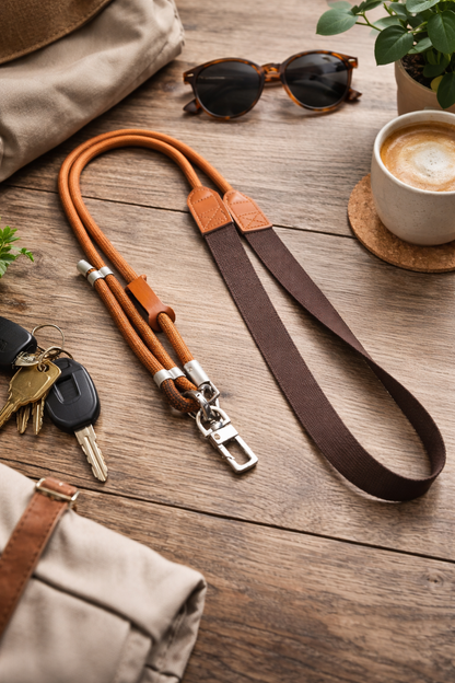 Crossbody phone lanyard with stainless steel connector (Brown)