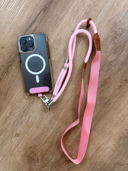 Crossbody phone lanyard with stainless steel connector (Pink)