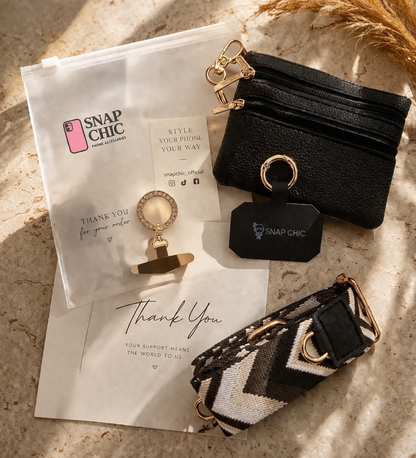 Crossbody Phone Strap with Wallet — Midnight Black with Ivory Chevron