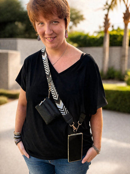 Crossbody Phone Strap with Wallet — Midnight Black with Ivory Chevron