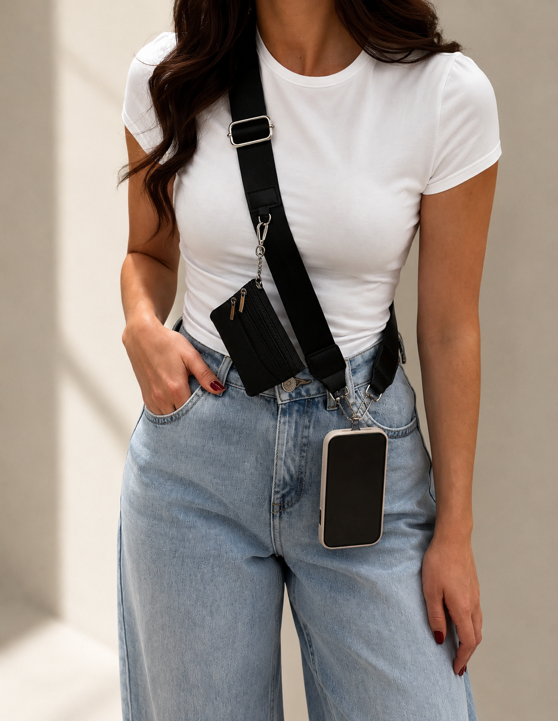 Crossbody Phone Strap with Wallet – Midnight Black