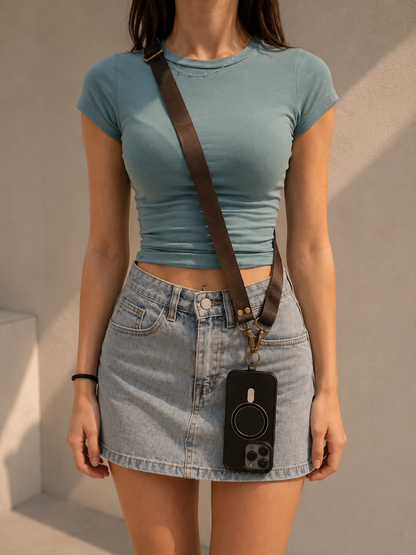 Genuine Leather Crossbody Phone Strap - Brown (2.5 cm) (No Wallet)