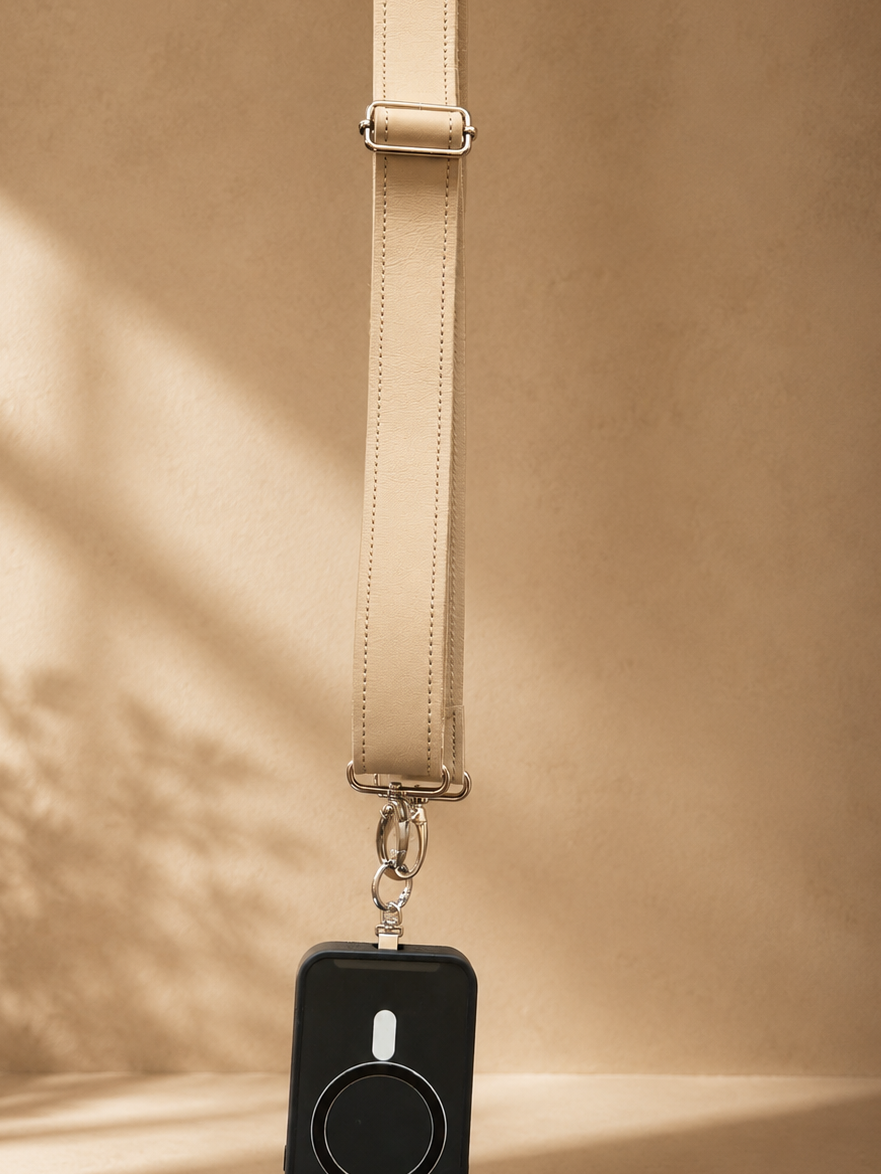 Genuine Leather Crossbody Phone Strap — Beige (3.8 cm) No Wallet