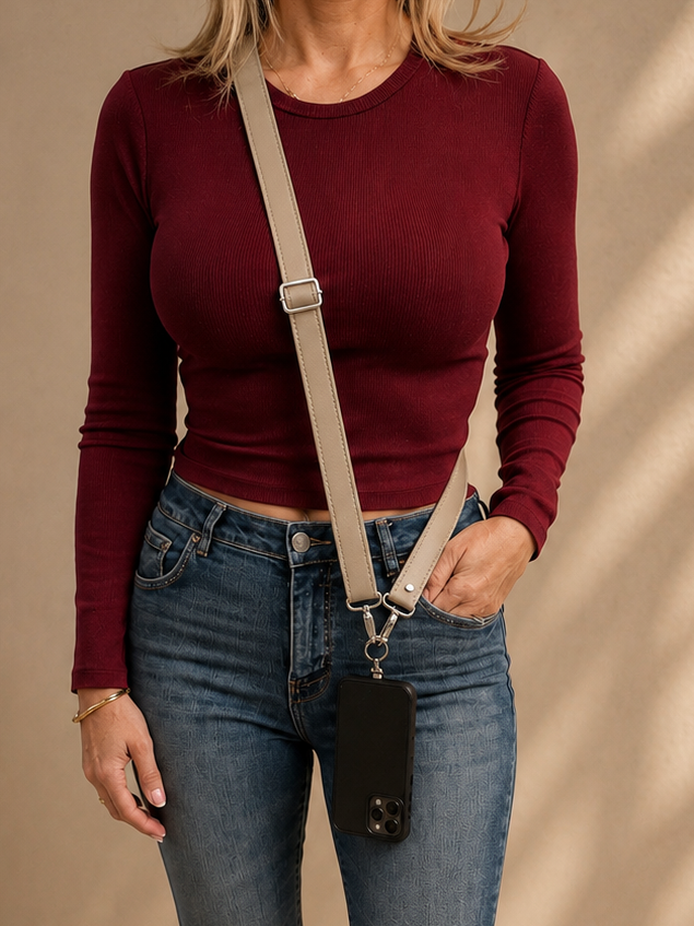 Genuine Leather Crossbody Phone Strap - Beige (2.5cm)                   (No Wallet)