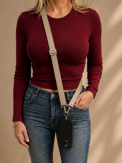 Genuine Leather Crossbody Phone Strap - Beige (2.5cm)                   (No Wallet)