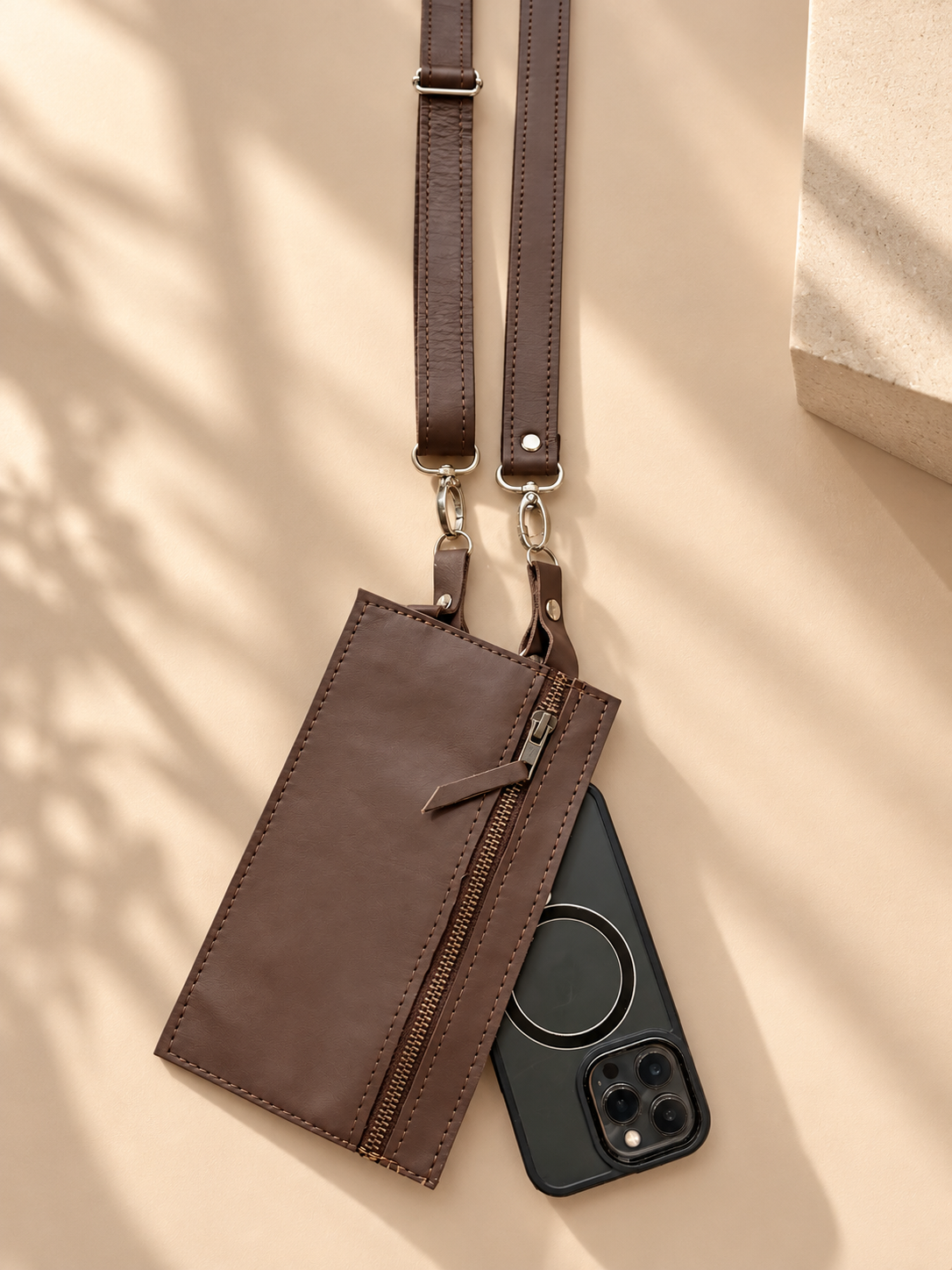 Genuine Leather Strap + Wallet - Brown