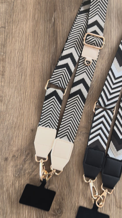 Crossbody Phone Strap with Wallet — Midnight Black with Ivory Chevron